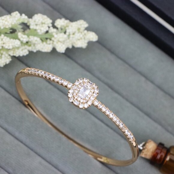 Rose Gold Bangle with Halo Cushion Cut Center and Stone Band, XPBL0558 - Picture 1 of 12